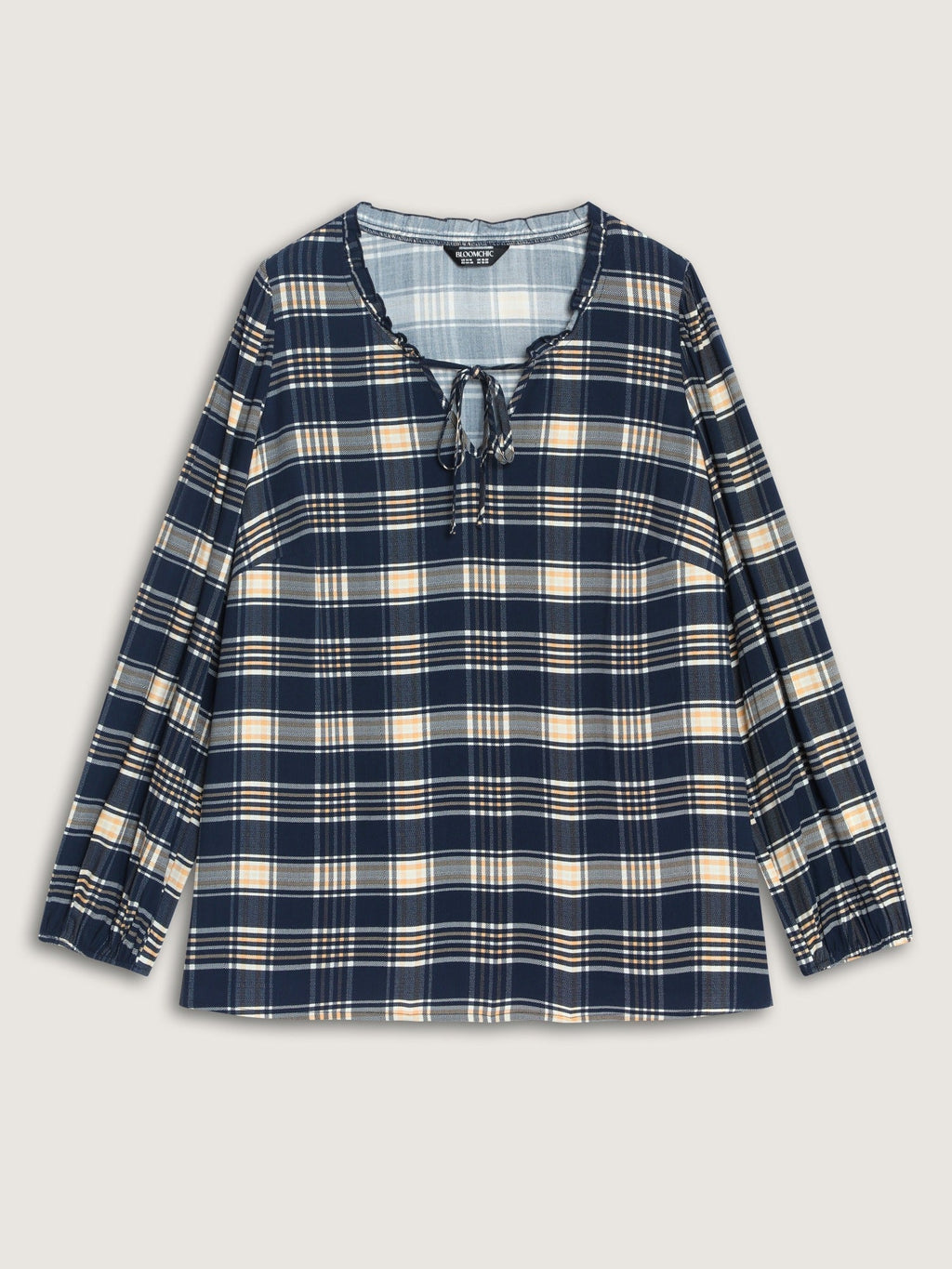 Plaid Ruffle Trim V‑Neck Tie‑Front Blouse