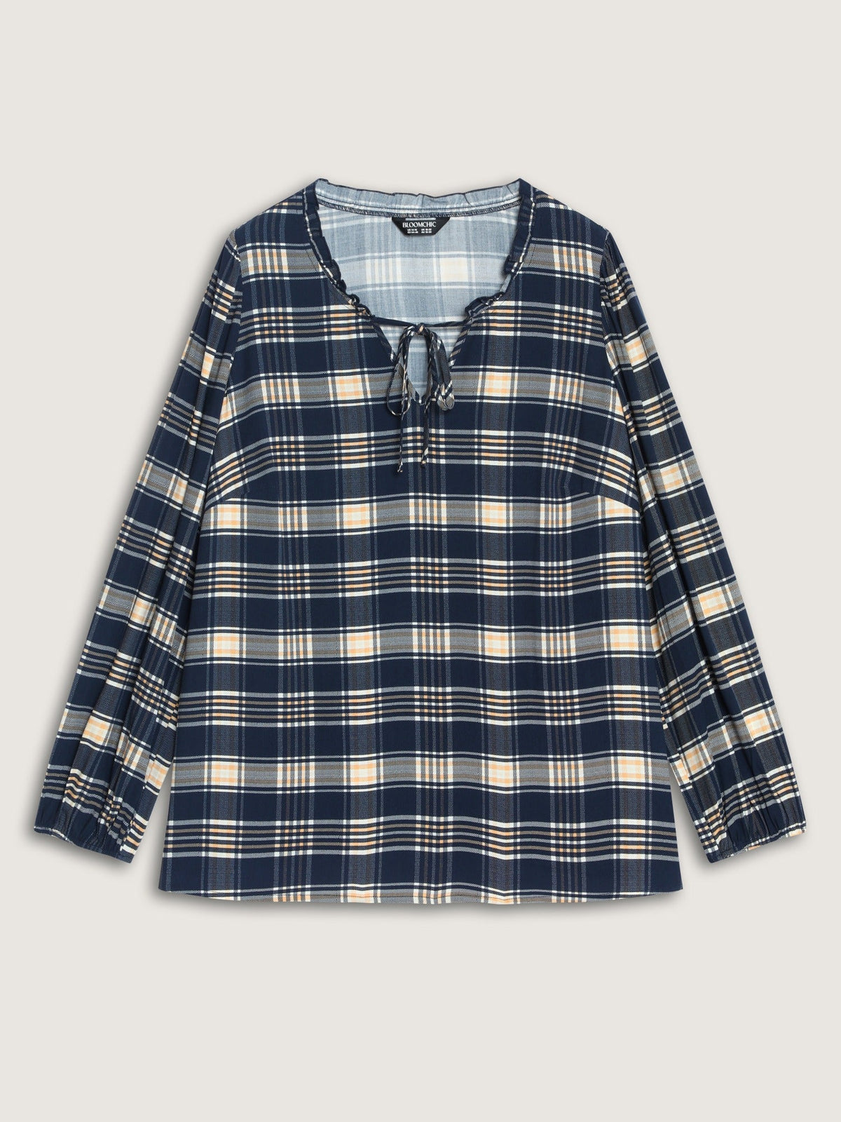 Plaid Ruffle Trim V‑Neck Tie‑Front Blouse