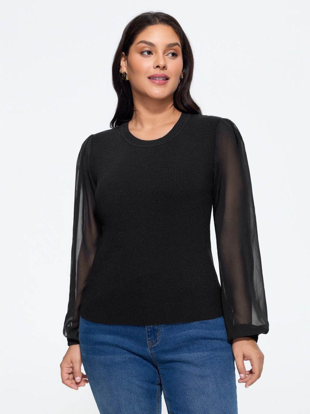 Supersoft Crew Neck Sheer Lantern Sleeve Pullover