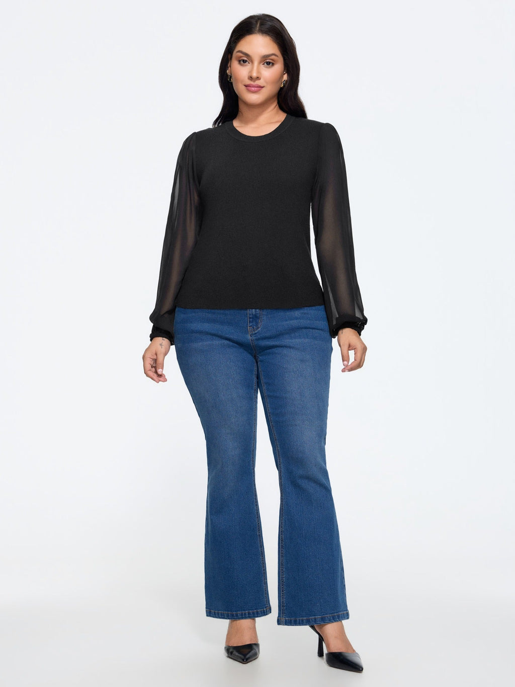 Supersoft Crew Neck Sheer Lantern Sleeve Pullover