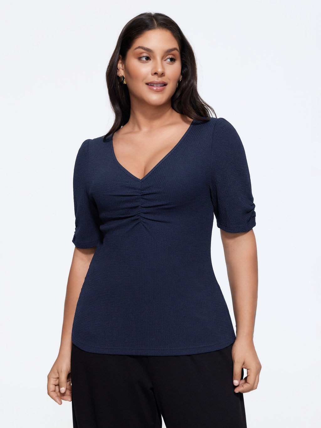Textured V‑Neck Ruched Bust Fitted Top