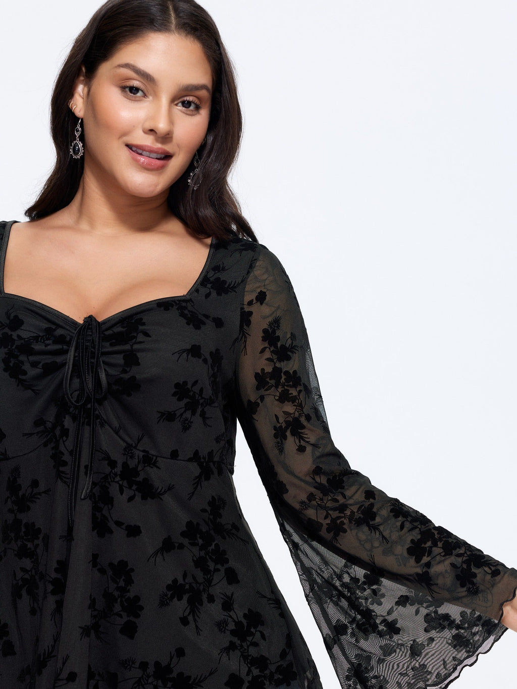 Floral Flocked Bell Long Sleeve Mesh Top