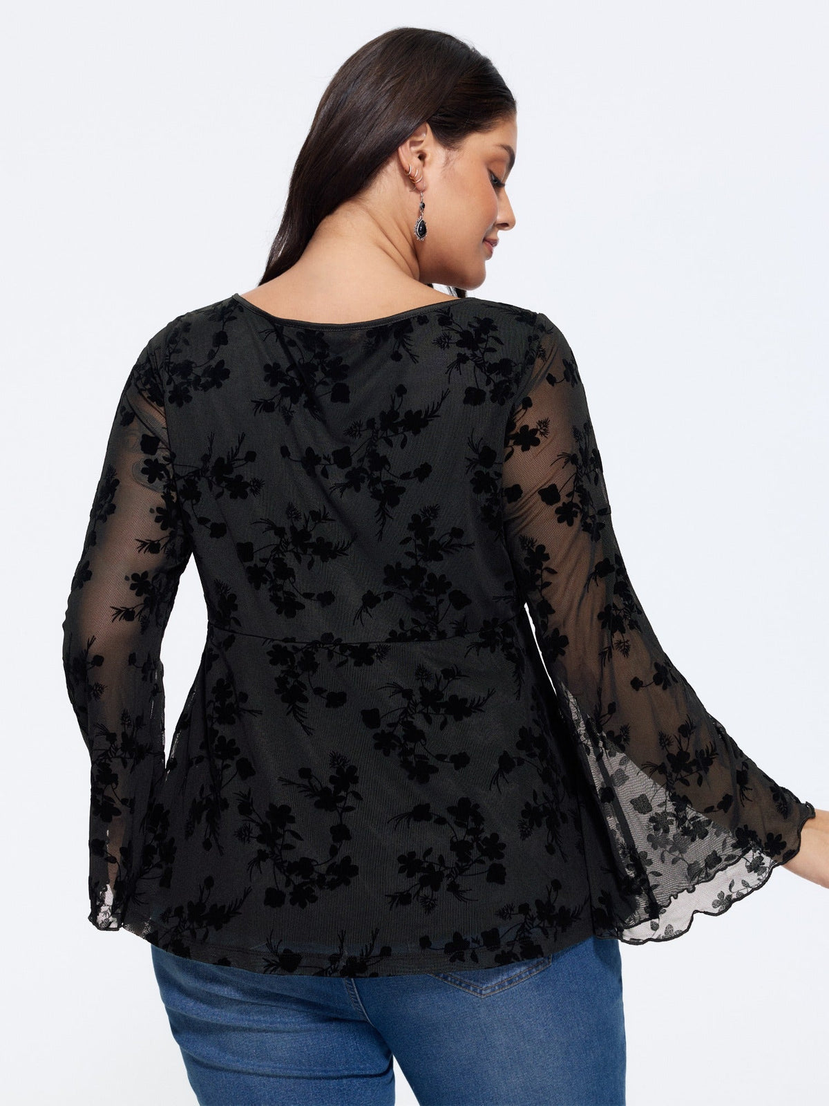 Floral Flocked Bell Long Sleeve Mesh Top