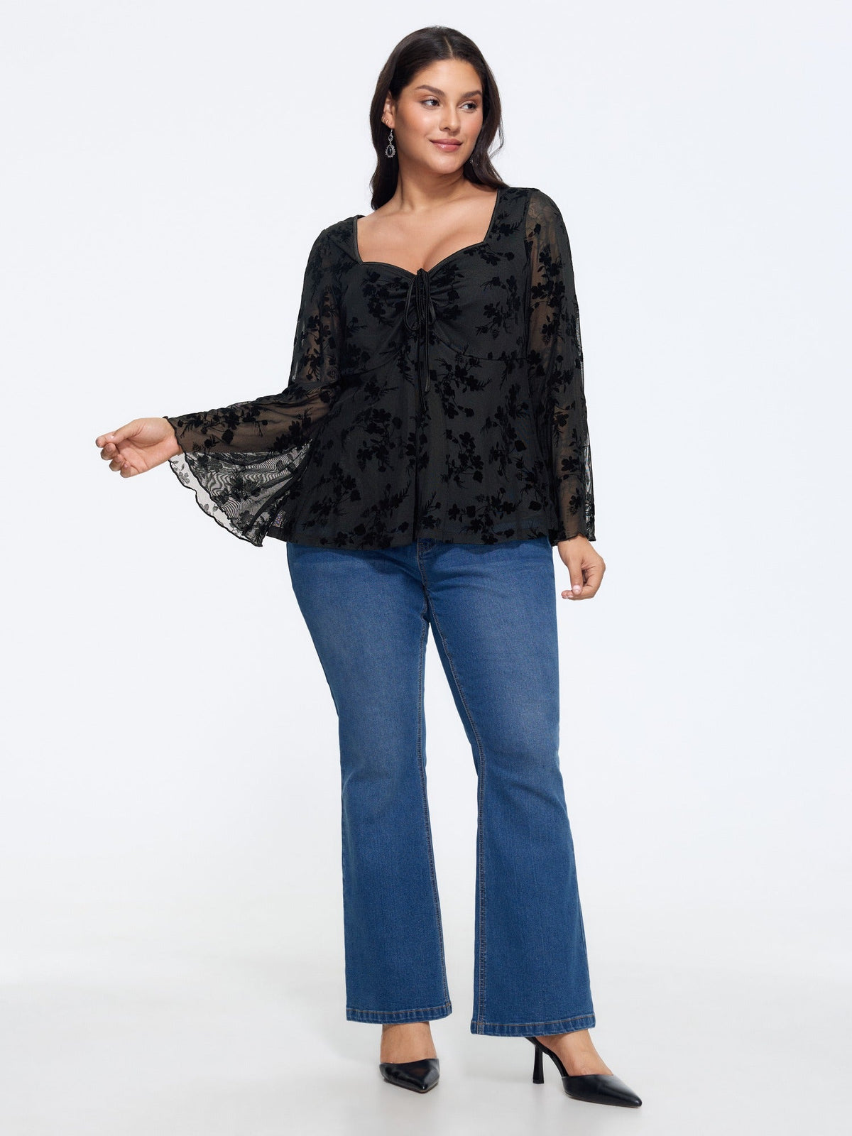 Floral Flocked Bell Long Sleeve Mesh Top