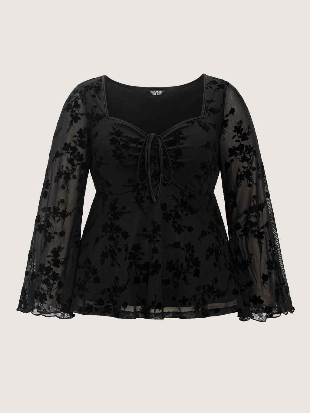 Floral Flocked Bell Long Sleeve Mesh Top