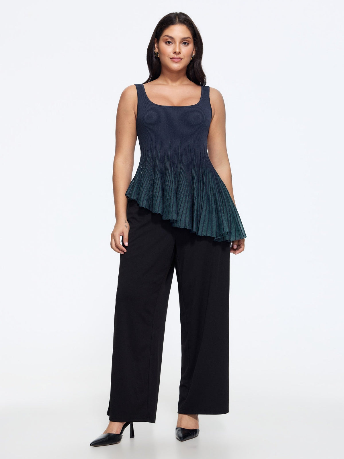 Gradient Pleated Asymmetrical Ruffle Hem Sweater Vest