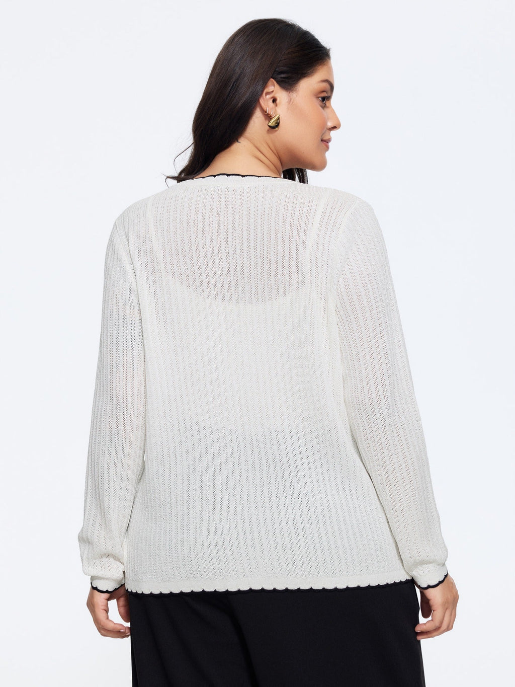Scalloped Contrast Trim Tie‑Front Cut Out Cardigan