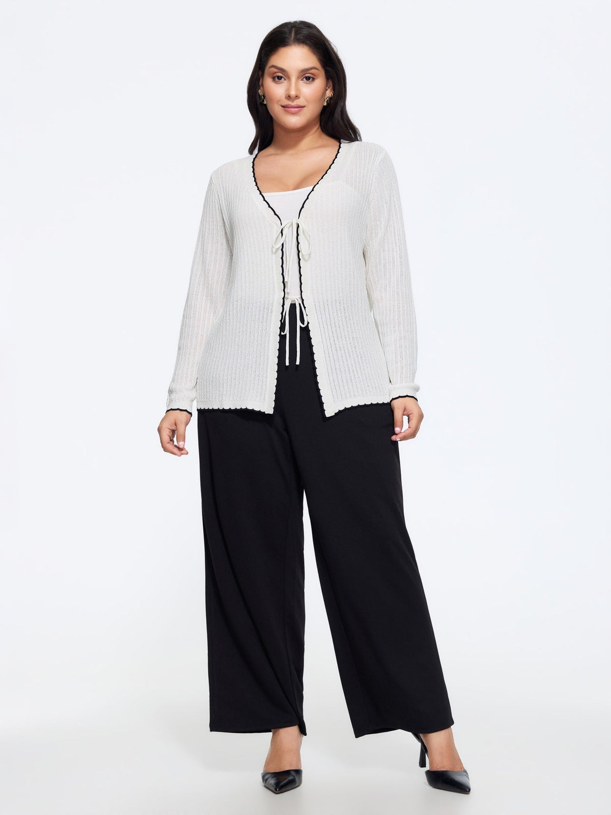 Scalloped Contrast Trim Tie‑Front Cut Out Cardigan