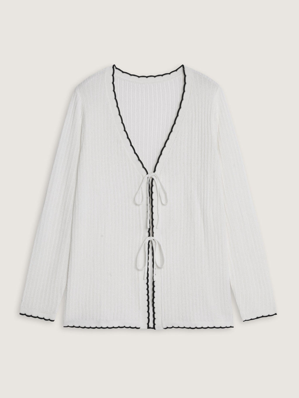 Scalloped Contrast Trim Tie‑Front Cut Out Cardigan