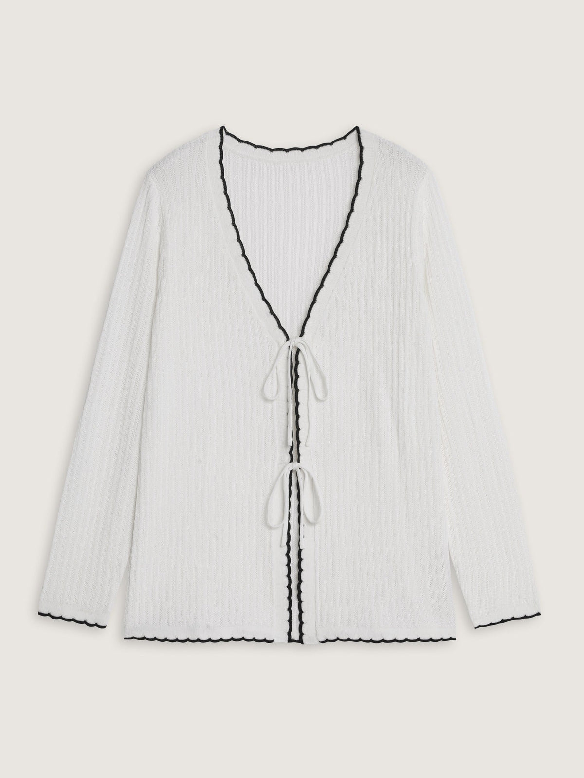 Scalloped Contrast Trim Tie‑Front Cut Out Cardigan