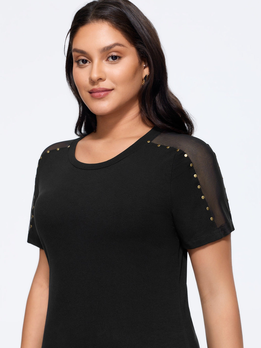 Crew Neck Stud Detail Mesh Shoulder Top