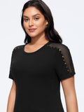 Crew Neck Stud Detail Mesh Shoulder Top