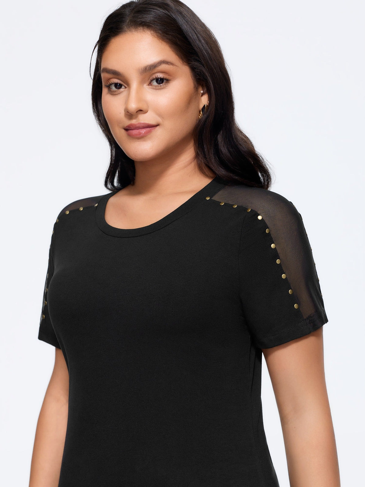 Crew Neck Stud Detail Mesh Shoulder Top