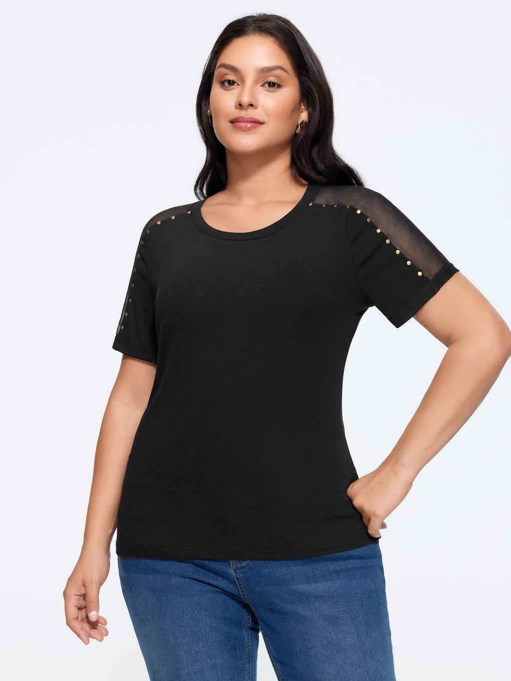 Crew Neck Stud Detail Mesh Shoulder Top