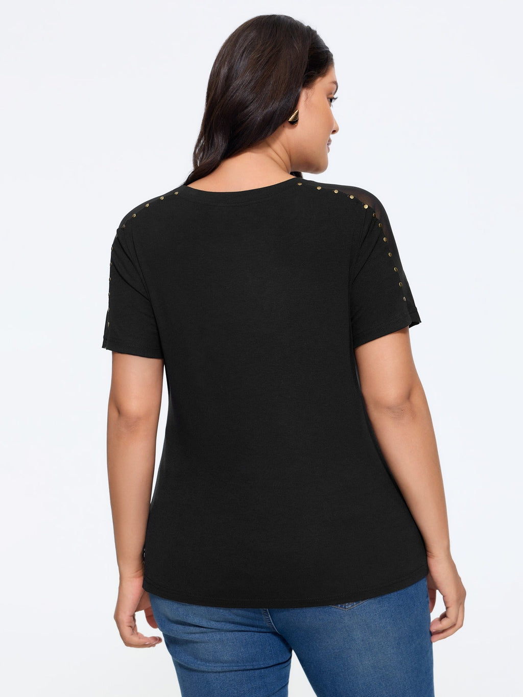 Crew Neck Stud Detail Mesh Shoulder Top