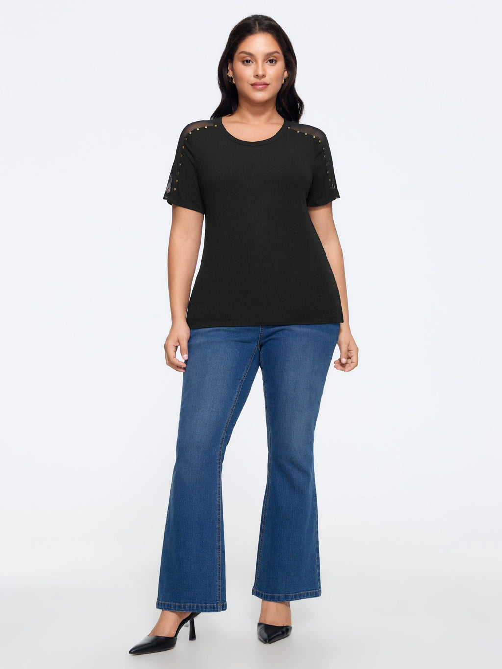 Crew Neck Stud Detail Mesh Shoulder Top