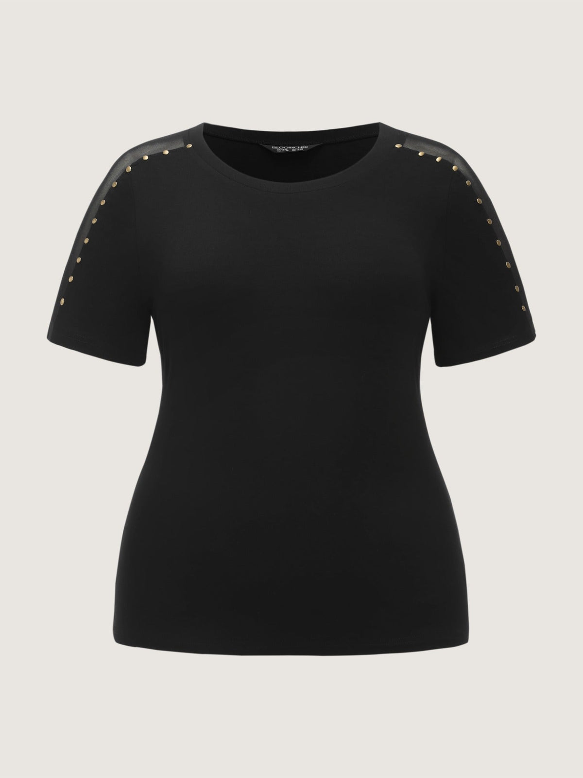 Crew Neck Stud Detail Mesh Shoulder Top