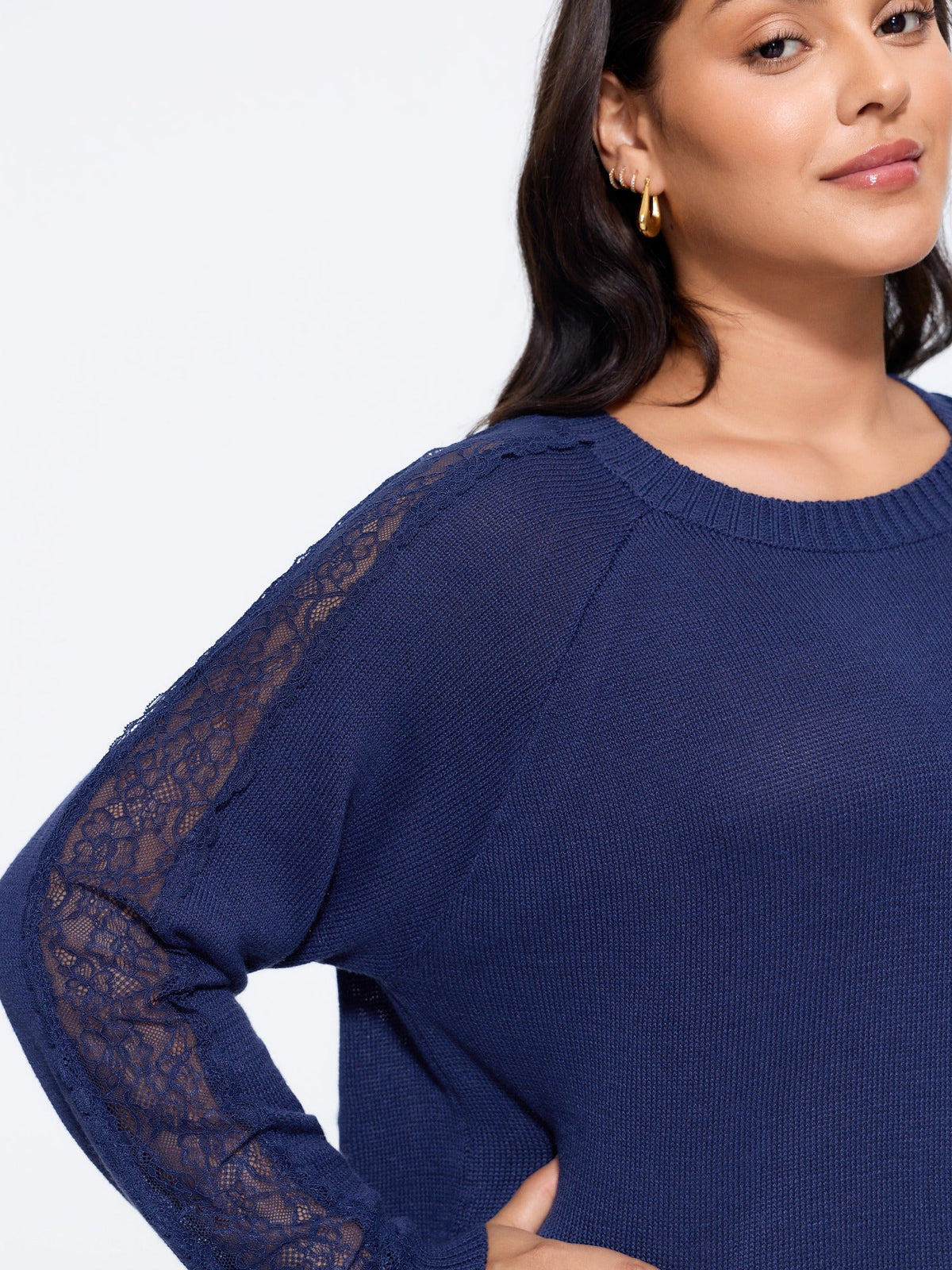 Crew Neck Lace Splice Detail Pullover