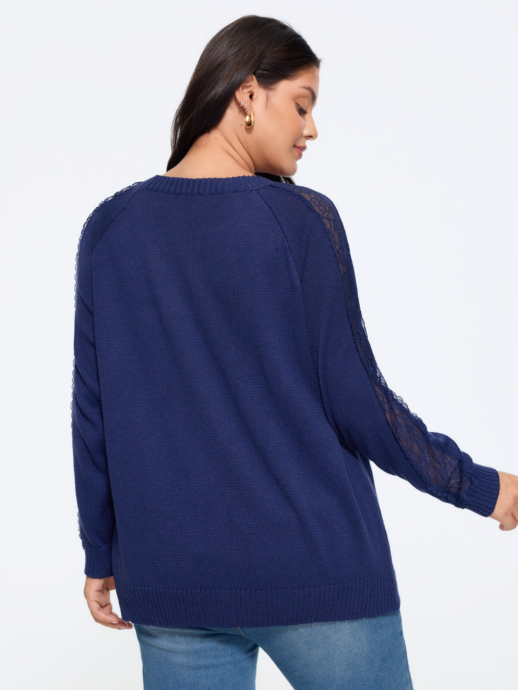 Crew Neck Lace Splice Detail Pullover