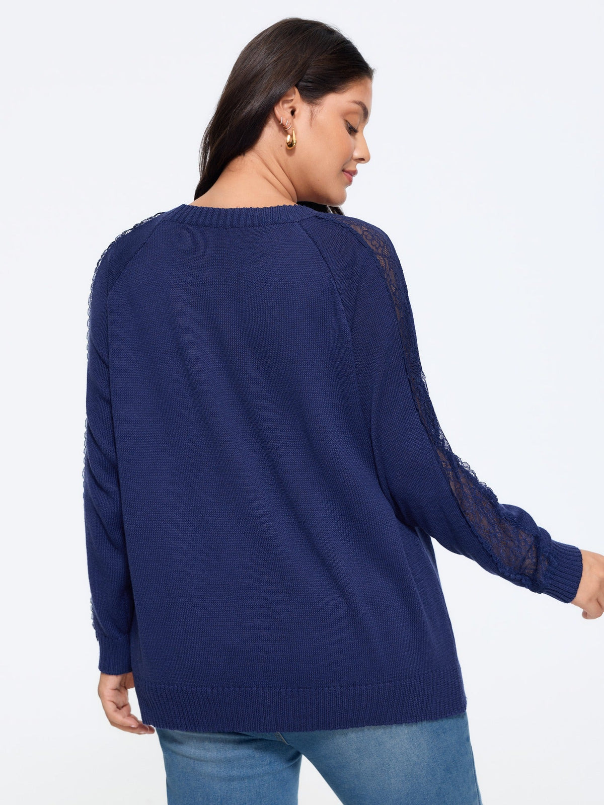Crew Neck Lace Splice Detail Pullover