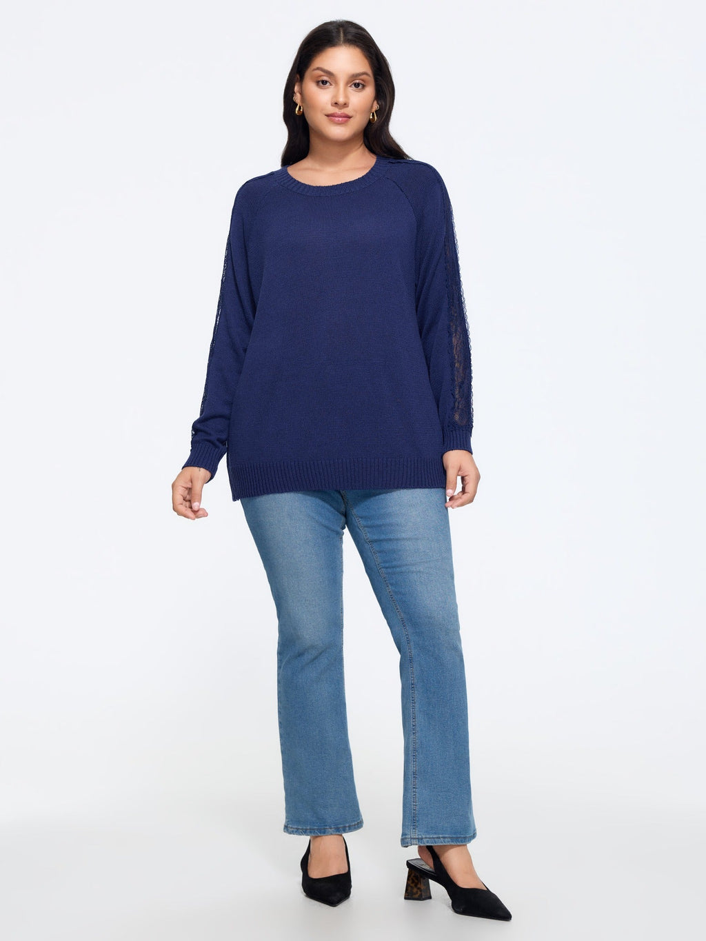 Crew Neck Lace Splice Detail Pullover