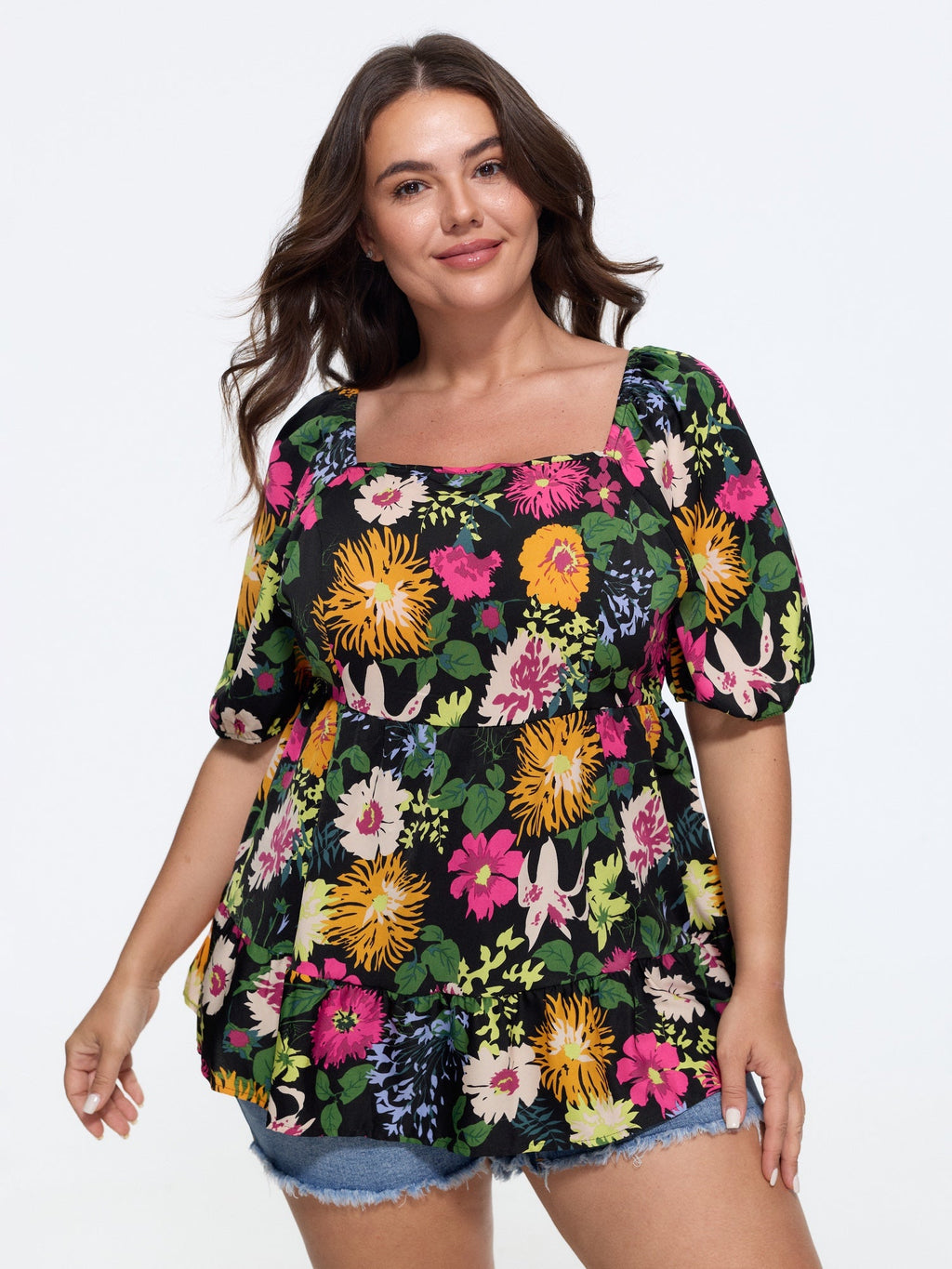 Floral Square Neck Fit and Flare Blouse