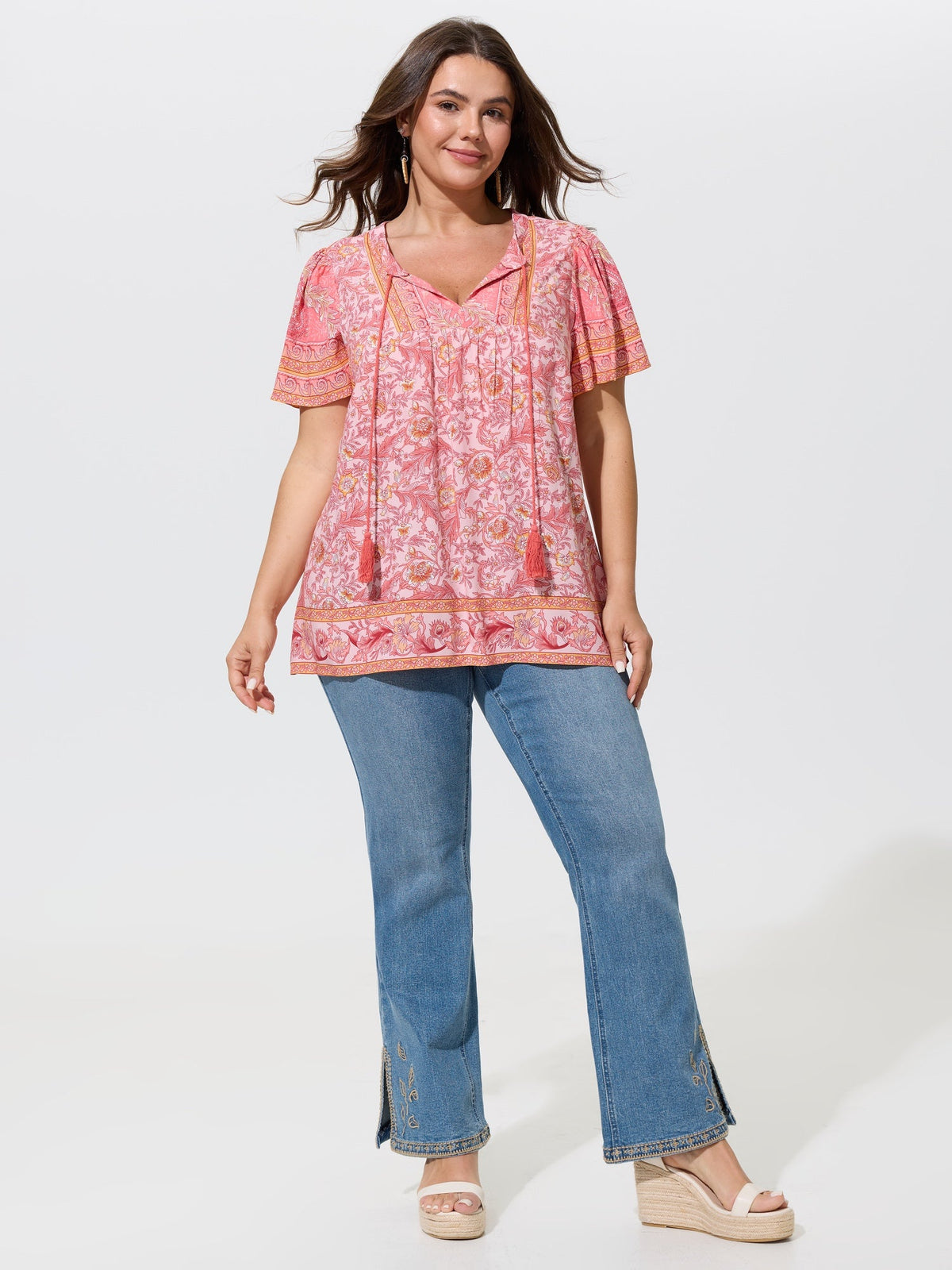 Floral Print Tassel Ruffled Sleeve Blouse