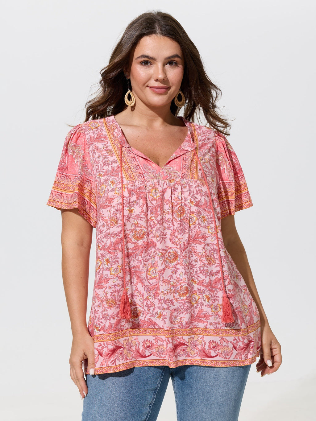 Floral Print Tassel Ruffled Sleeve Blouse