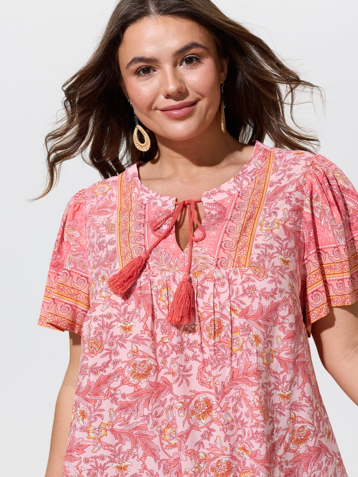 Floral Print Tassel Ruffled Sleeve Blouse