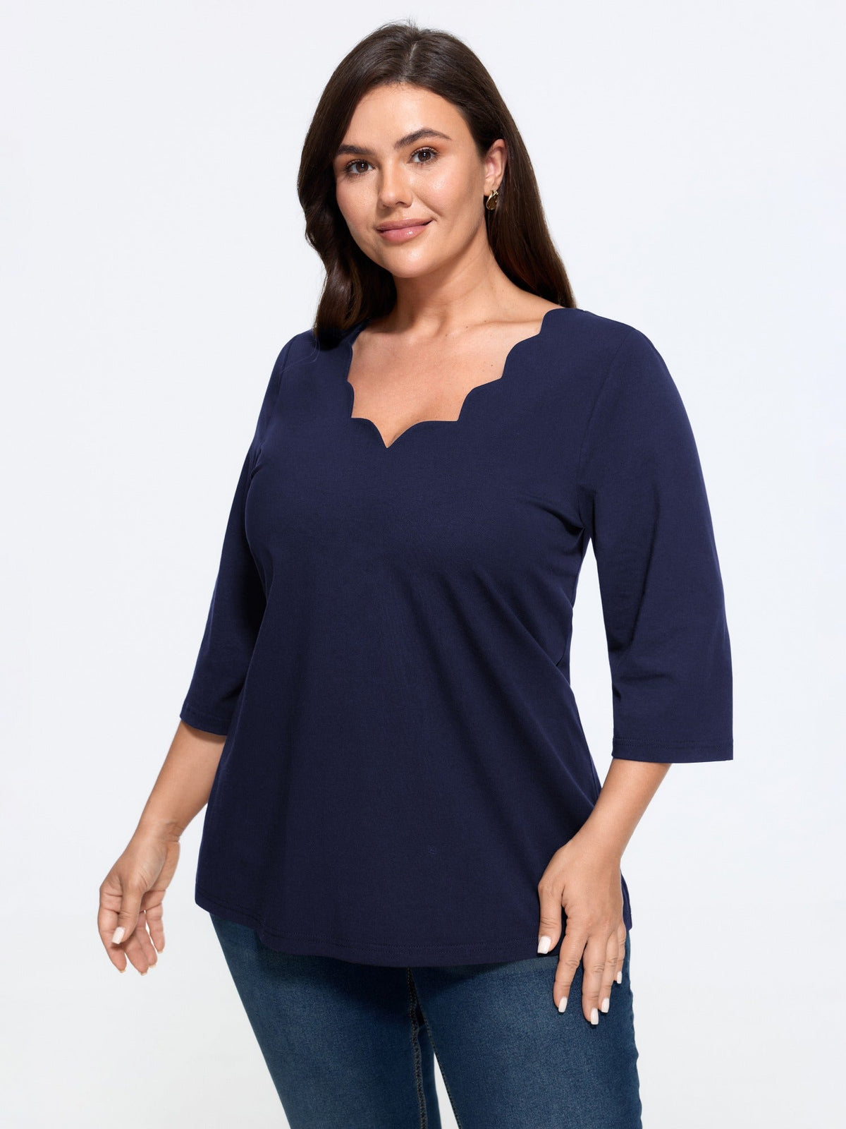 Cotton Wave V Neck Three Quarter Sleeve Knit T-Shirt