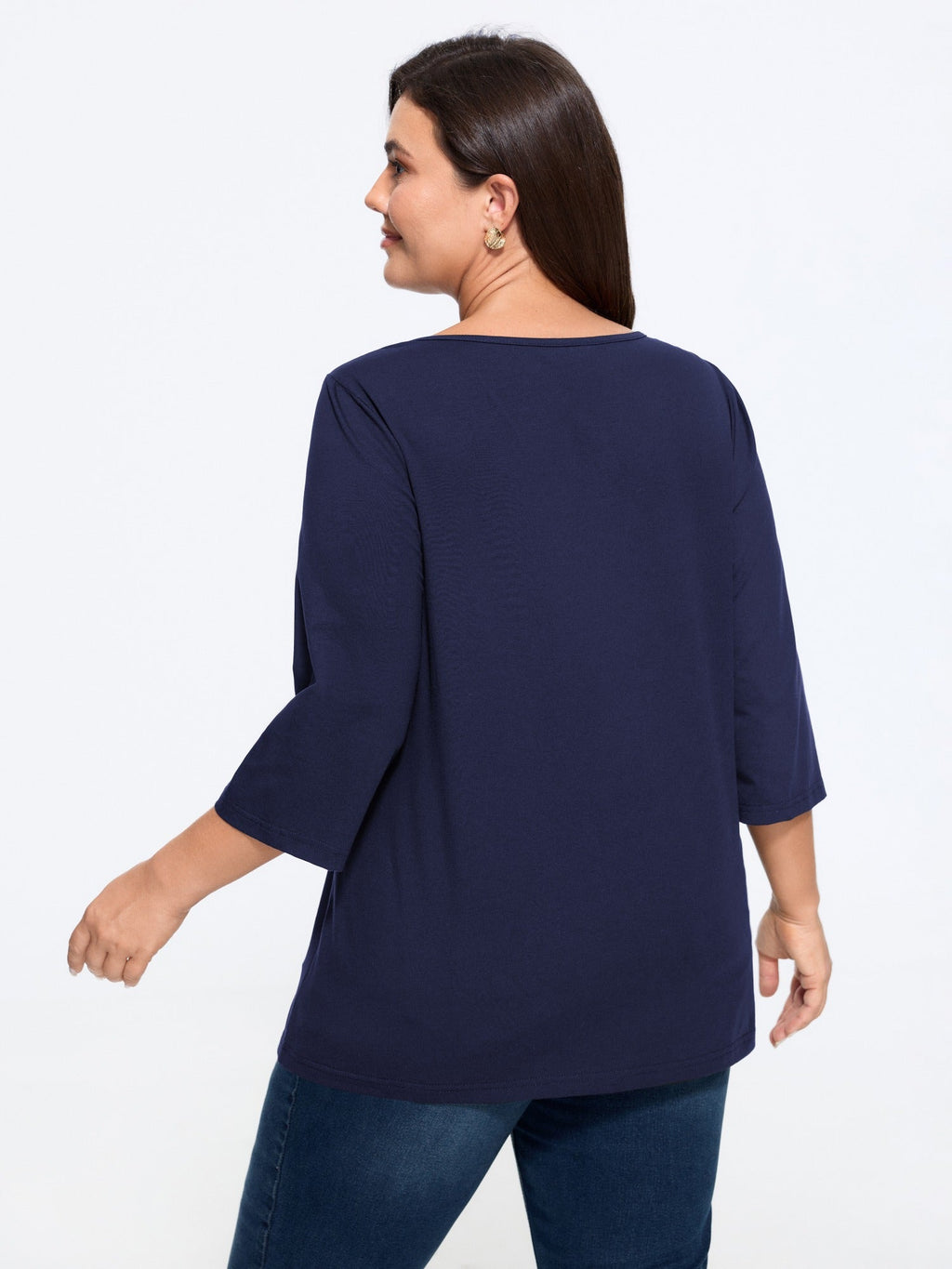 Cotton Wave V Neck Three Quarter Sleeve Knit T-Shirt