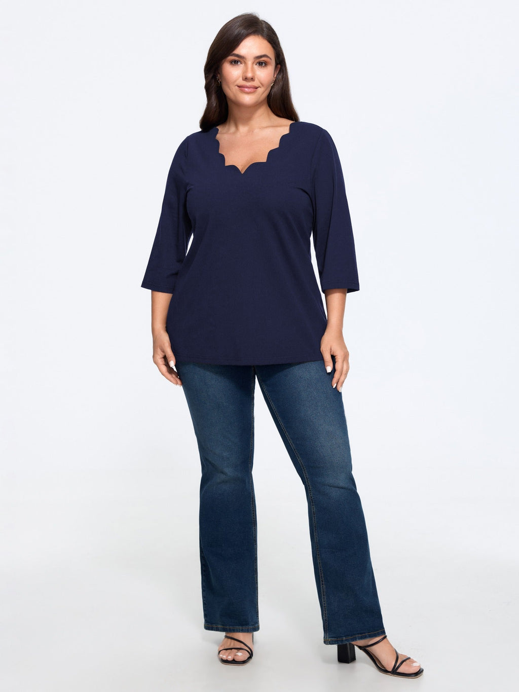 Cotton Wave V Neck Three Quarter Sleeve Knit T-Shirt