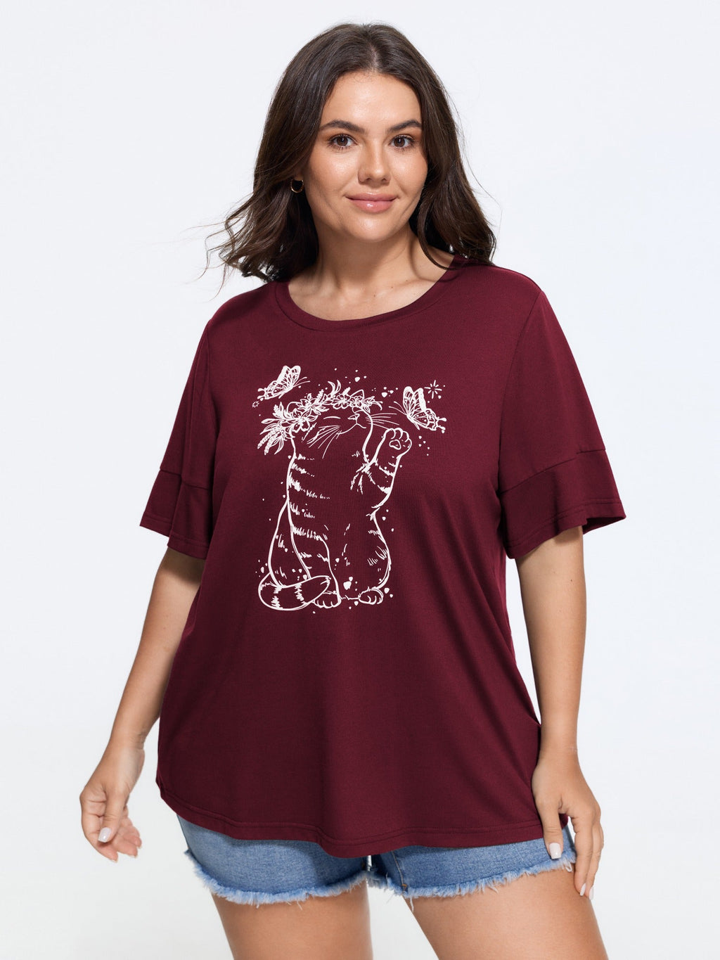 Supersoft Stretchy Cat Butterfly Print Crew Neck T-Shirt