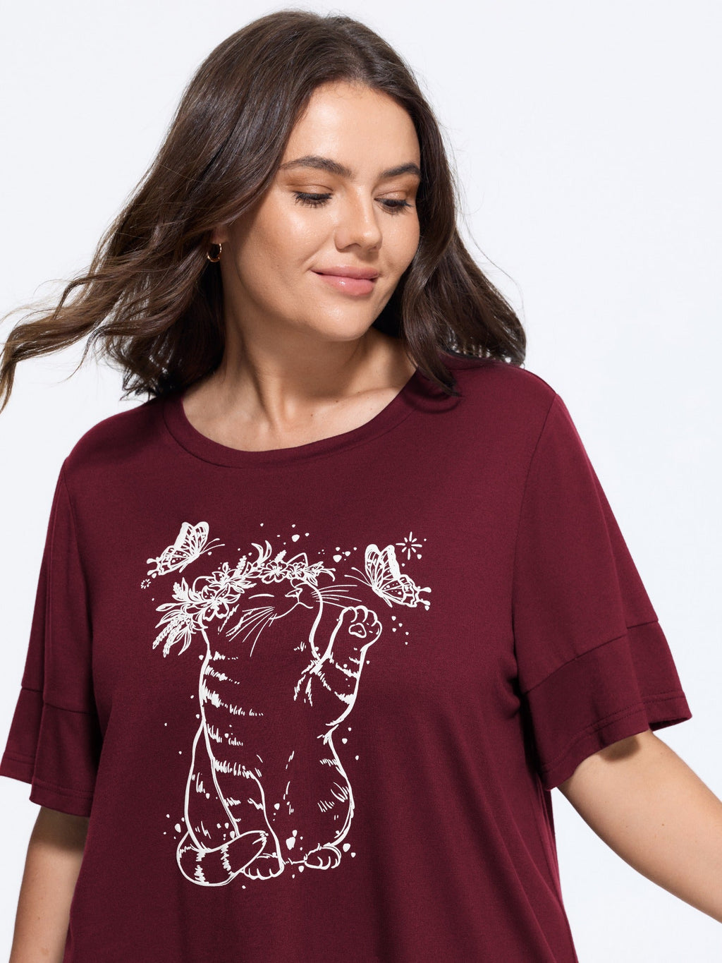 Supersoft Stretchy Cat Butterfly Print Crew Neck T-Shirt