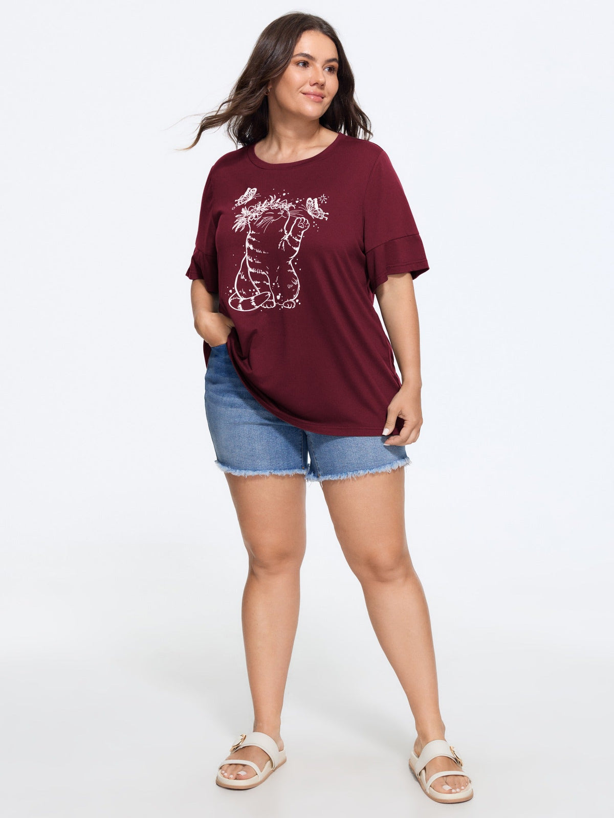Supersoft Stretchy Cat Butterfly Print Crew Neck T-Shirt