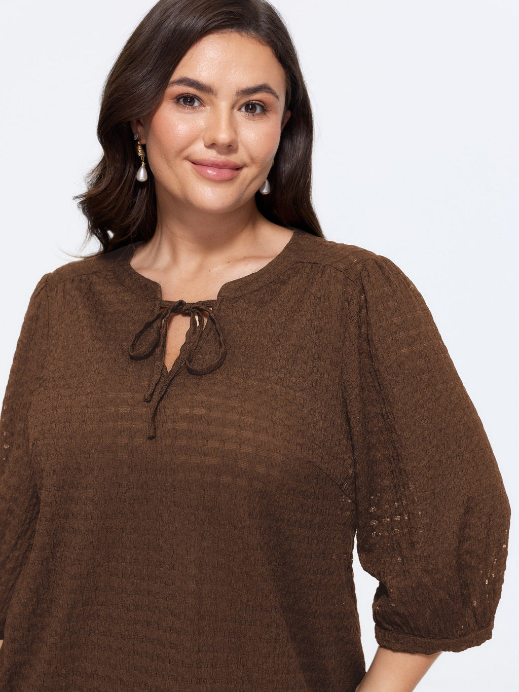 Stretchy Crinkle Textured Neck Tie Blouse