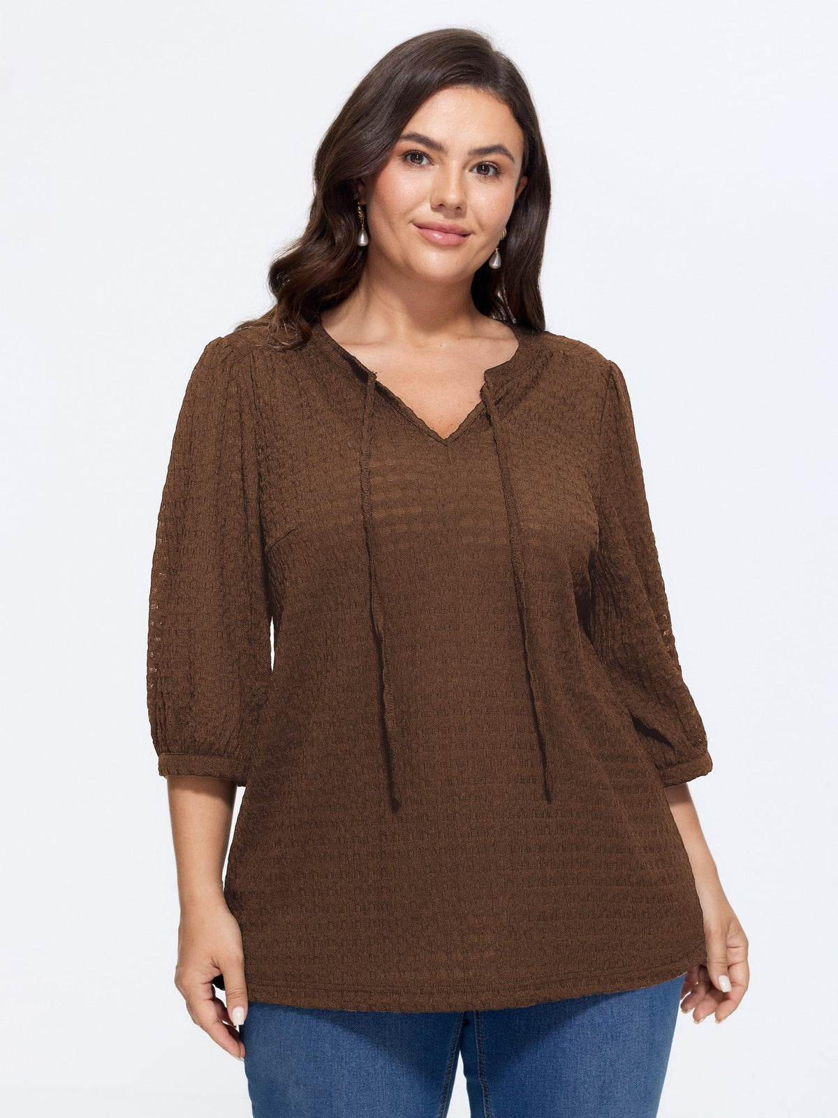Stretchy Crinkle Textured Neck Tie Blouse