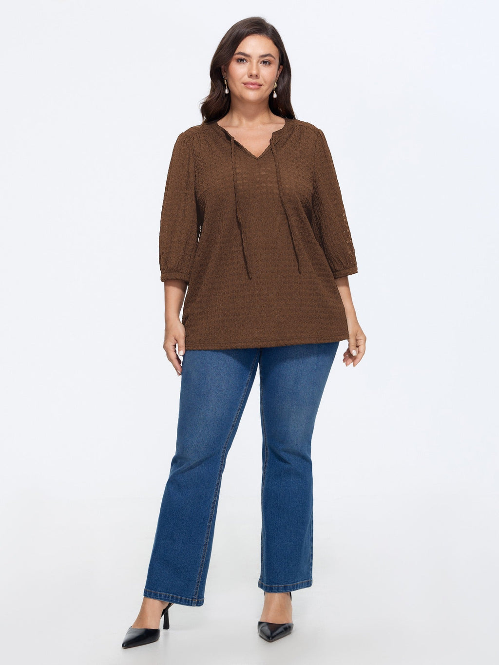 Stretchy Crinkle Textured Neck Tie Blouse