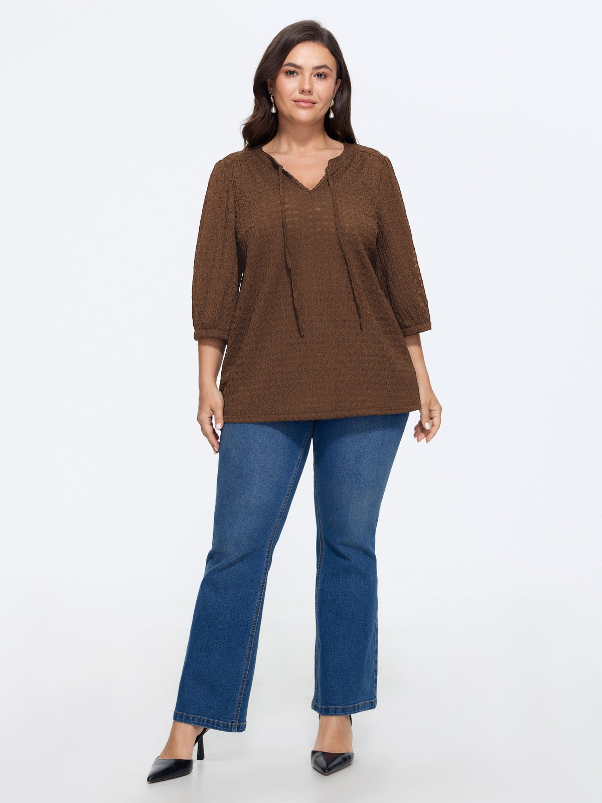 Stretchy Crinkle Textured Neck Tie Blouse
