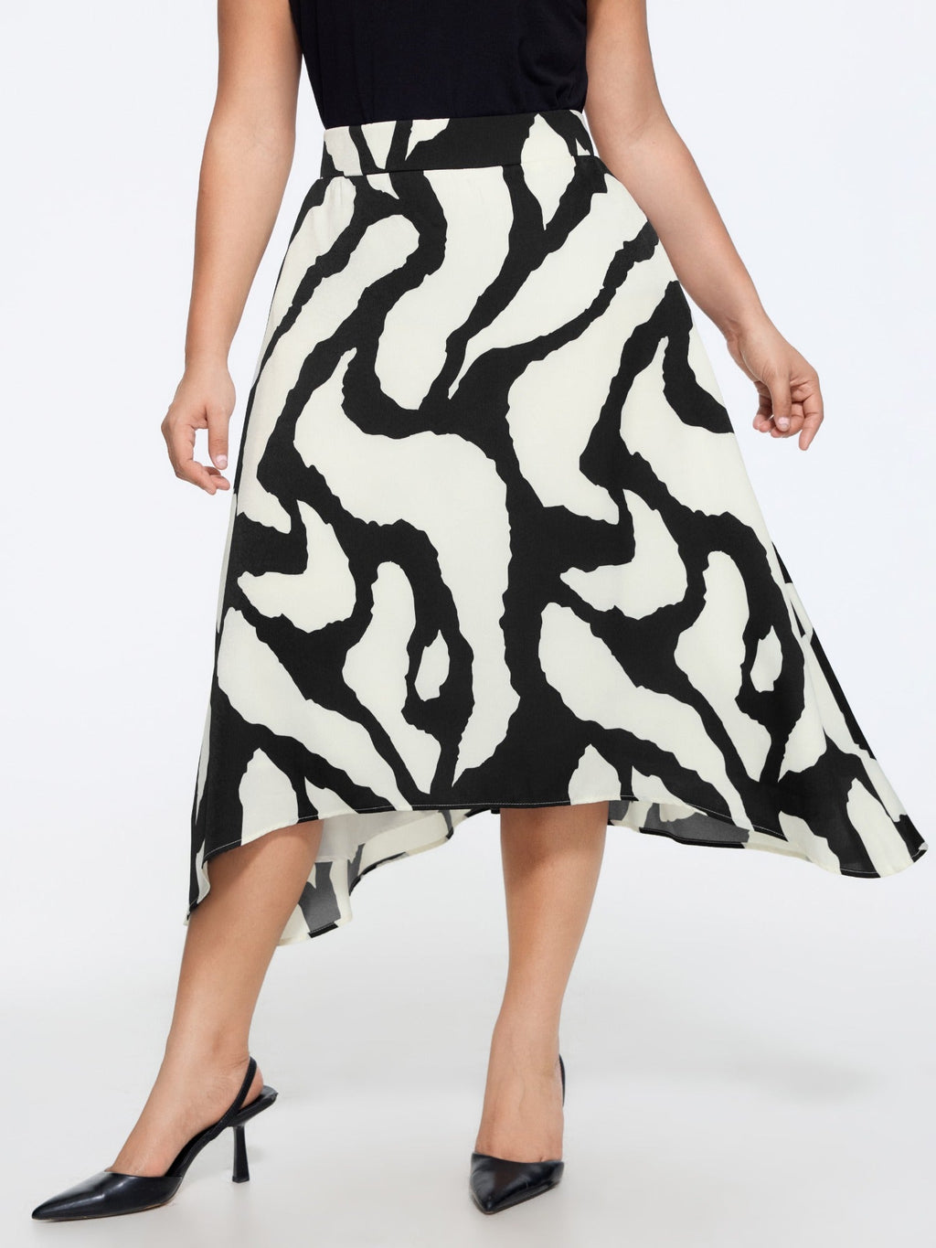 Abstract Print Asymmetrical Hem Flowy Midi Skirt