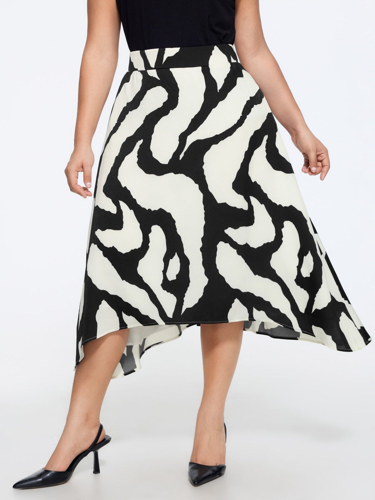 Abstract Print Asymmetrical Hem Flowy Midi Skirt