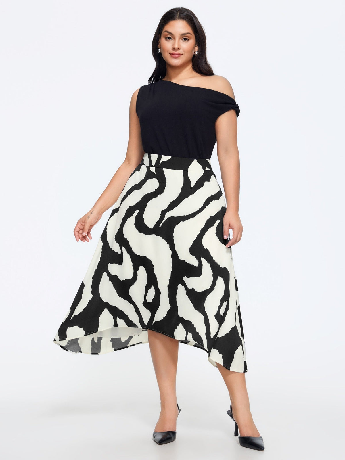 Abstract Print Asymmetrical Hem Flowy Midi Skirt