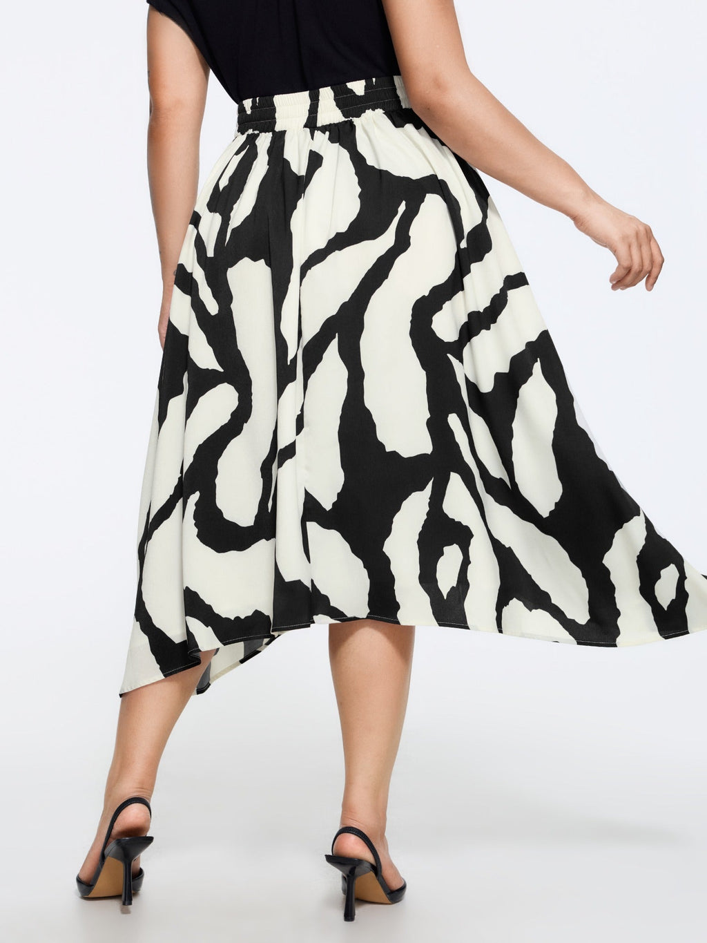 Abstract Print Asymmetrical Hem Flowy Midi Skirt