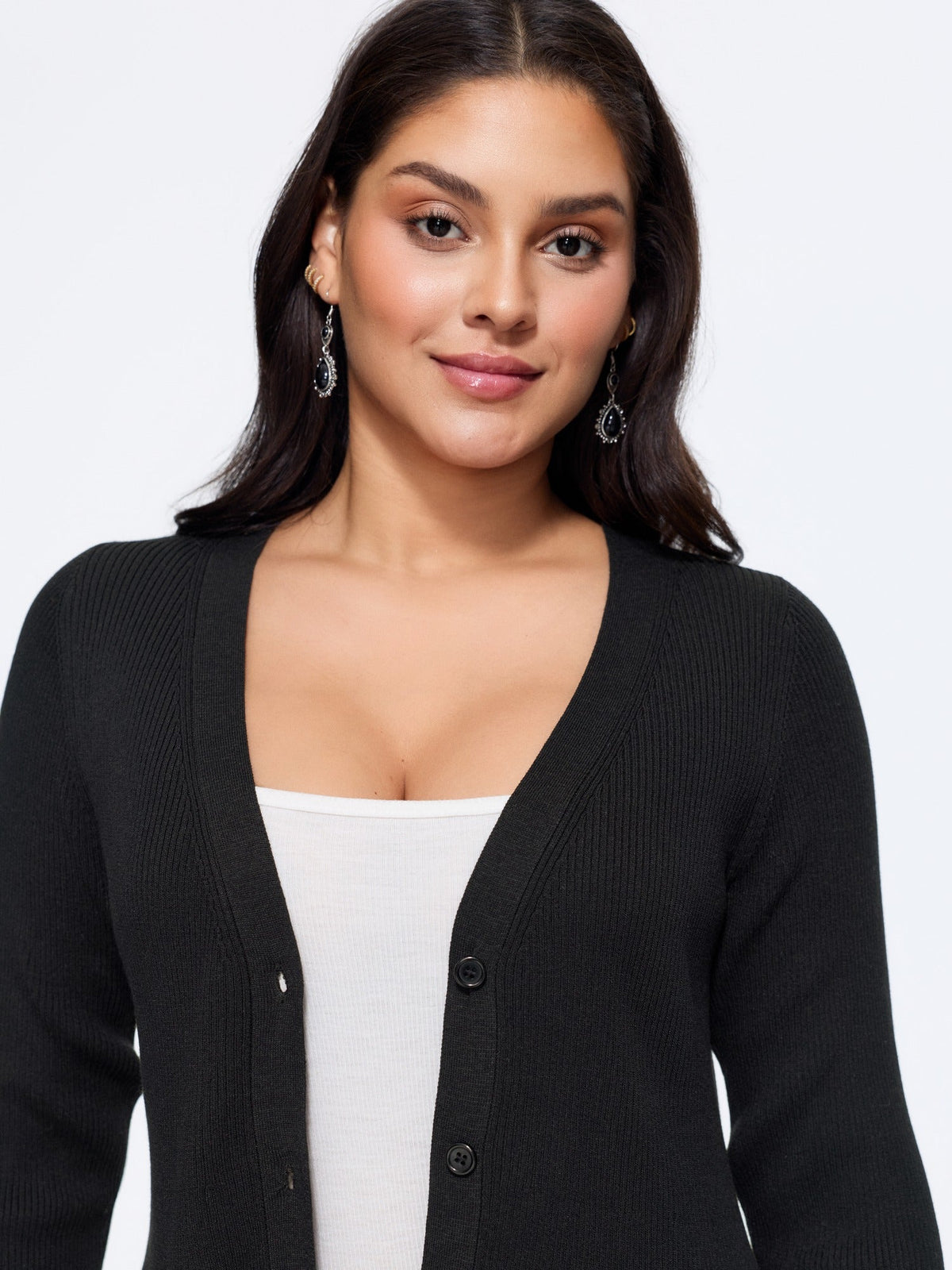 Solid V‑Neck Button Front Cardigan