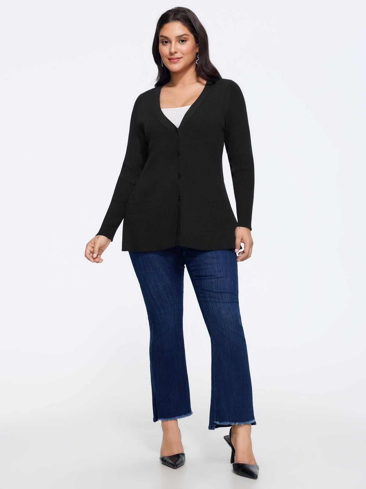 Solid V‑Neck Button Front Cardigan