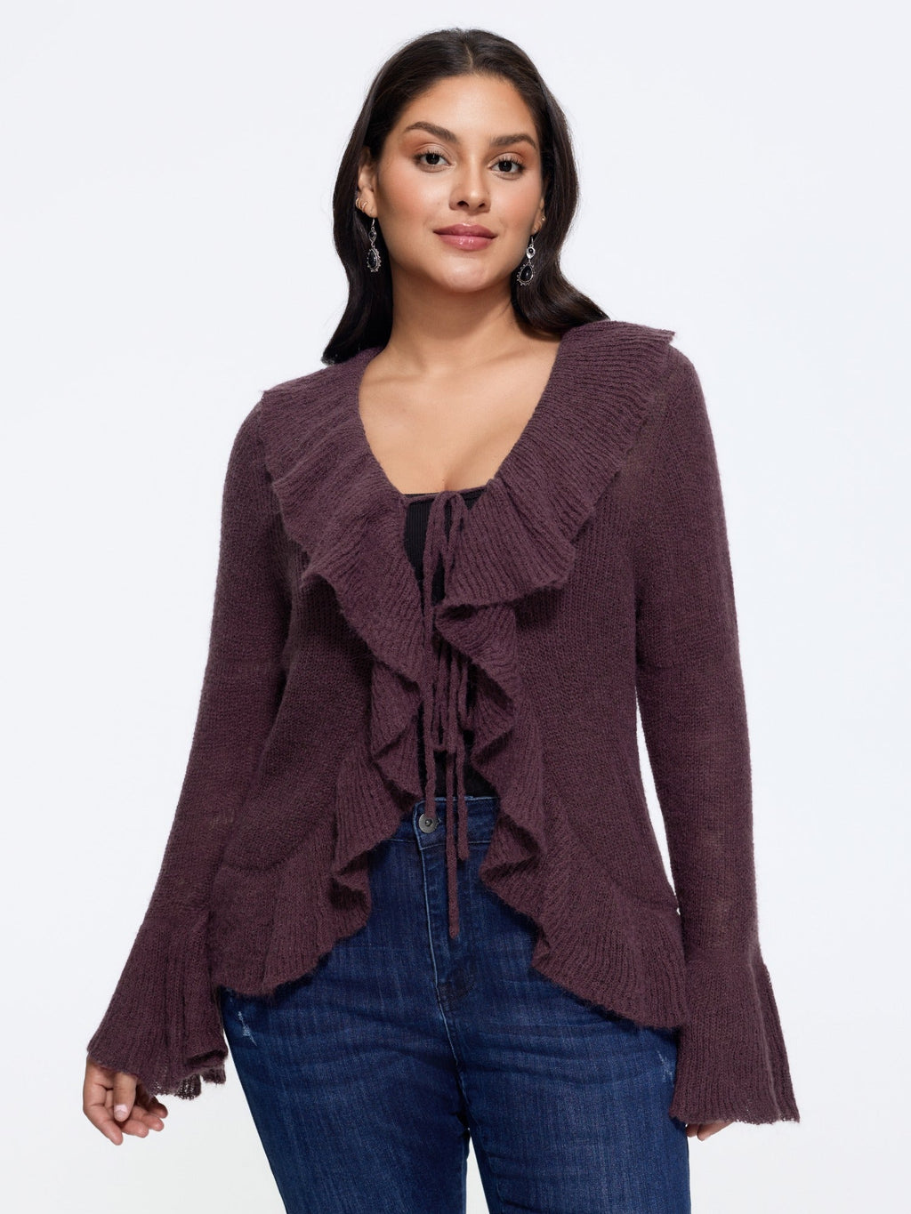 Ruffled Collar Tie‑Front Flare Sleeve Cardigan