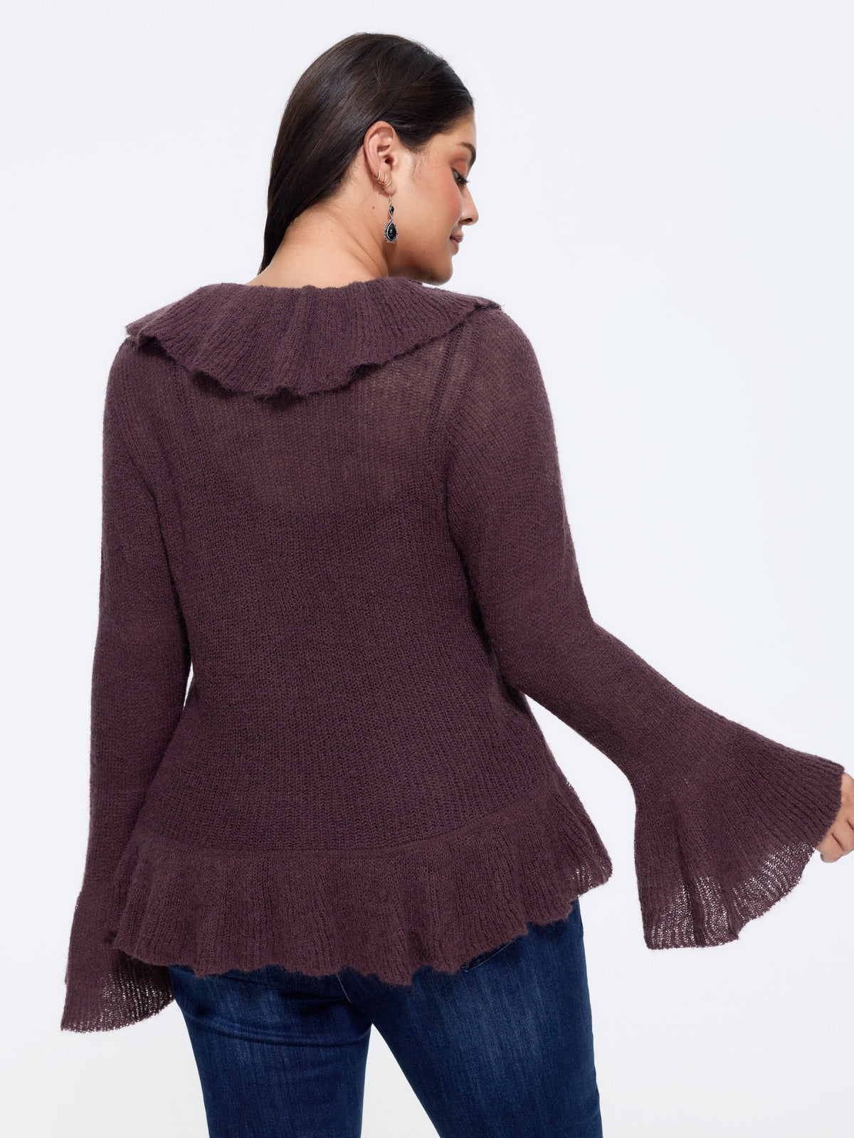 Ruffled Collar Tie‑Front Flare Sleeve Cardigan