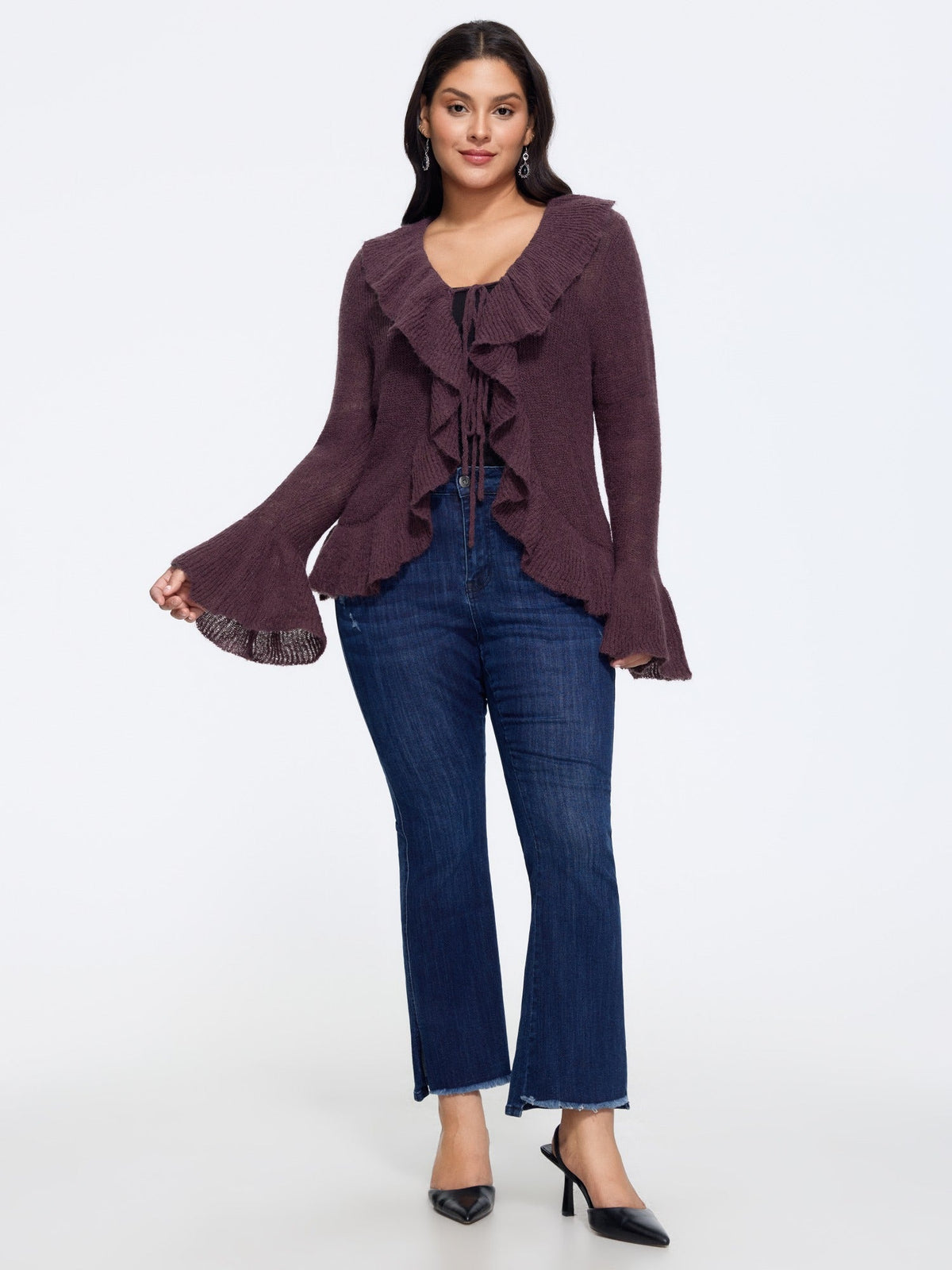 Ruffled Collar Tie‑Front Flare Sleeve Cardigan