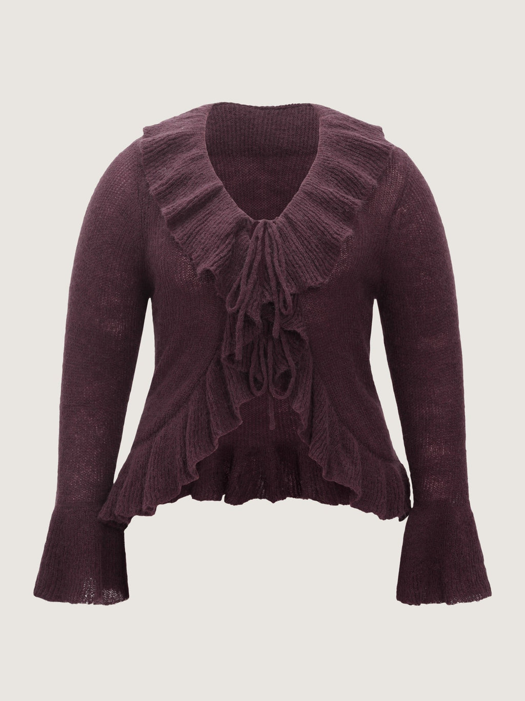 Ruffled Collar Tie‑Front Flare Sleeve Cardigan