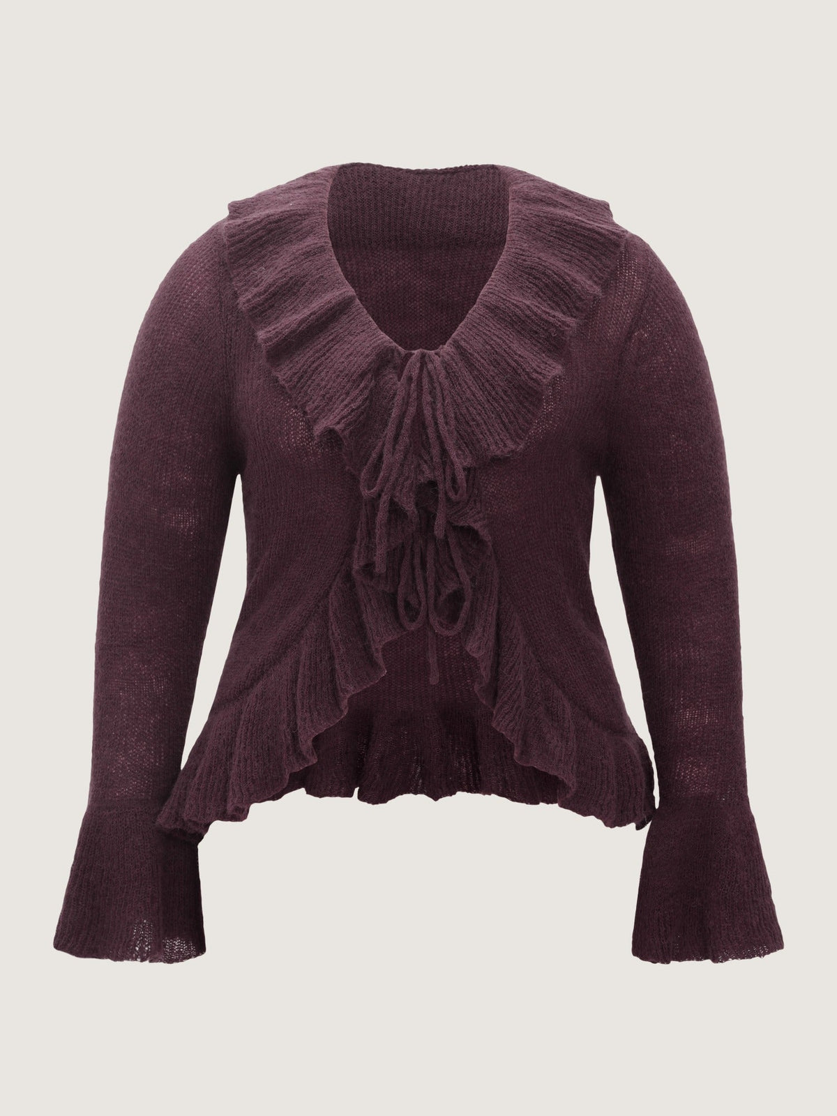 Ruffled Collar Tie‑Front Flare Sleeve Cardigan